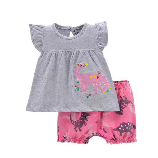 Baby Girl Shorts Set - Grey Flying Sleeves & Pink Dino Pattern