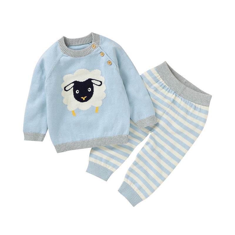 2-Piece Baby Boy Lambs Knitted Suits - Blue & Grey Stripes