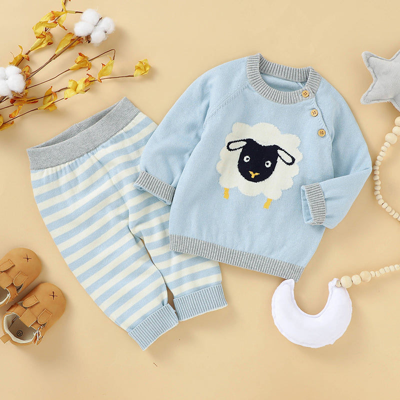 Baby clothes baby boy knit sweater blue sheep print and stripe pants