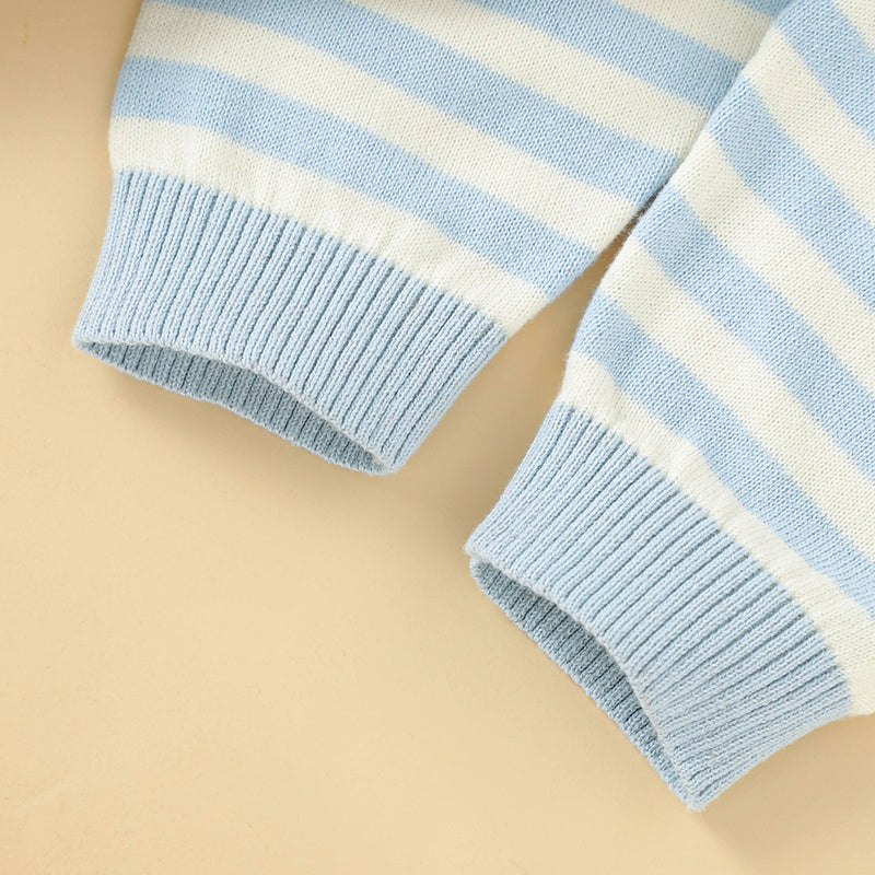 2-Piece Baby Boy Lambs Knitted Suits - Blue & Grey Stripes