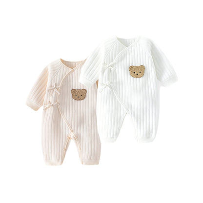 Baby Romper with Bear Embroidery - White