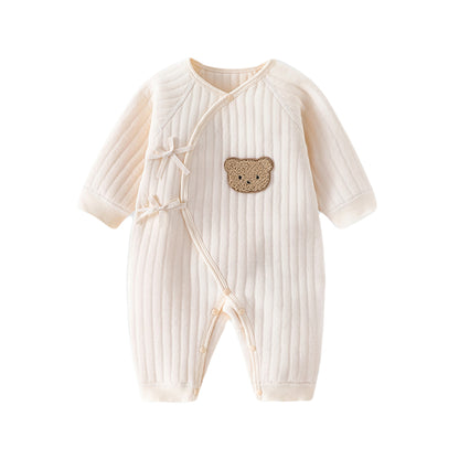 Baby Romper with Bear Embroidery - Beige