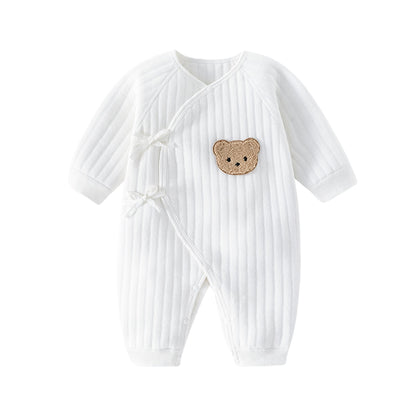 Baby Romper with Bear Embroidery - White