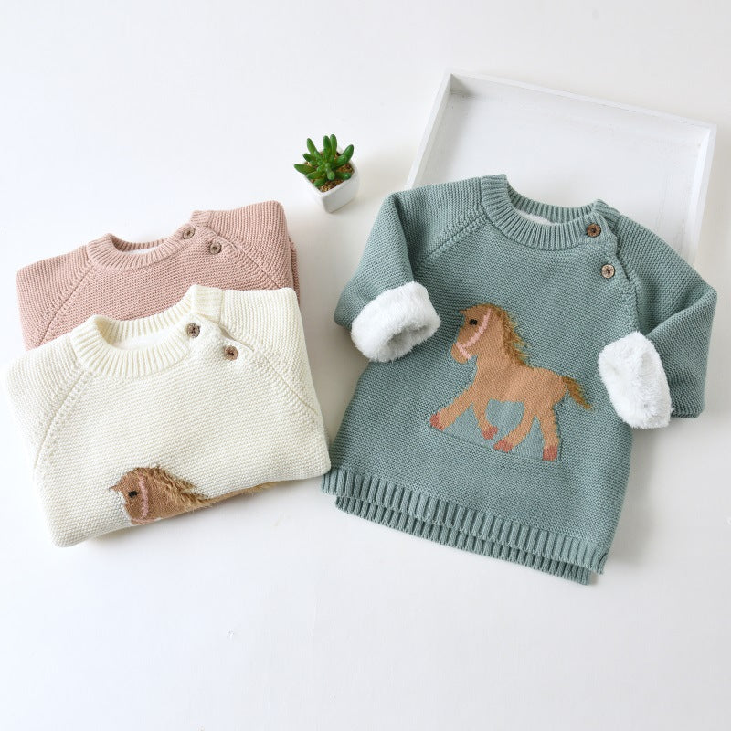 Baby Pink Sherpa-Lined Horse Sweater