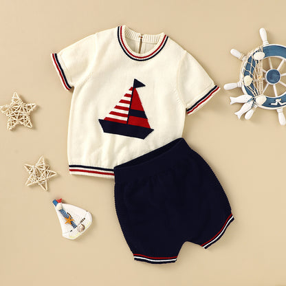 Knitted Beige/Black Boat Print Short Sets - Baby Boy