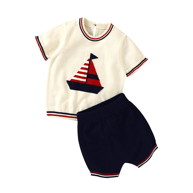 Knitted Beige/Black Boat Print Short Sets - Baby Boy