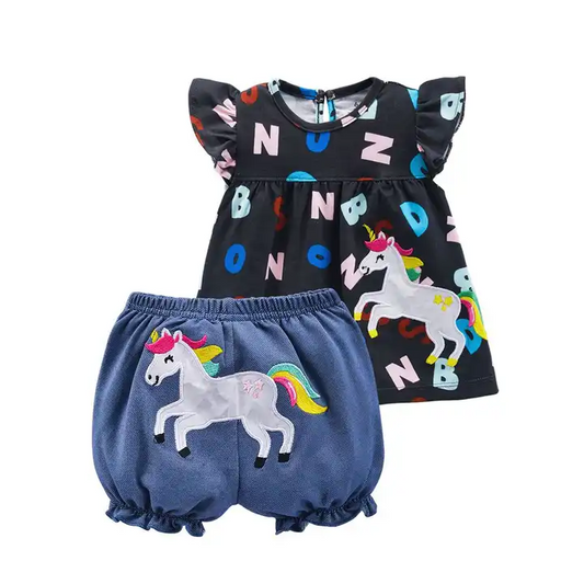 Lullaby Threads Baby Girl Black/Pink Shorts Set - Magical Unicorn