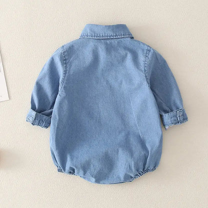  Lullaby Threads Baby Boy Rompers - Denim farm-inspired clothing with full sleeve snap button closure, perfect for all-season wear, offering stylish and comfortable countryside-inspired baby apparel