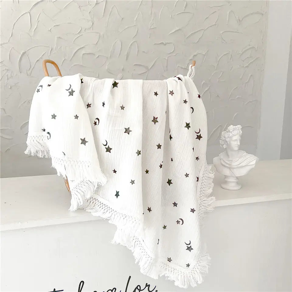 Lullaby Thread Dreams Baby Blanket: Moon and Star Print Cotton Gauze Bliss