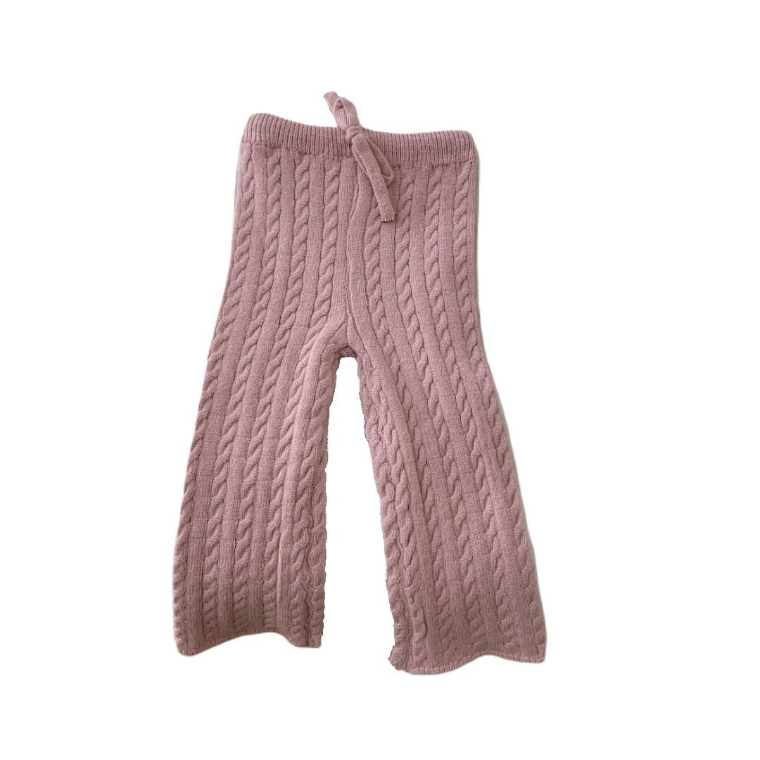 Girl Wool Pants with Drawstring and Cable Knit Print - Pink