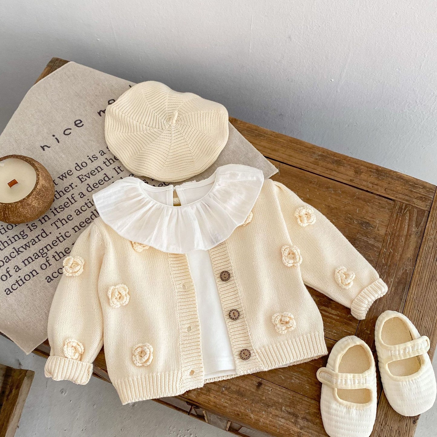 Floral Knit Baby Girl Cardigan - Beige