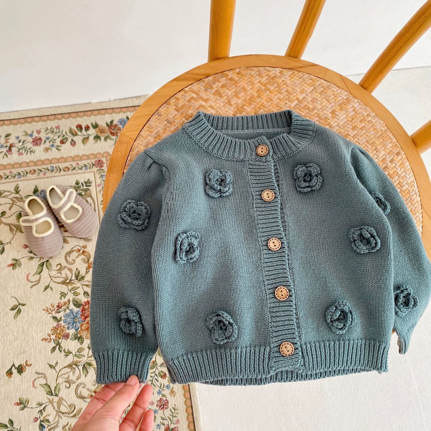 Floral Knit Baby Girl Cardigan - Green