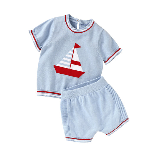 Knitted Blue Boat Print Short Sets - Baby Boy