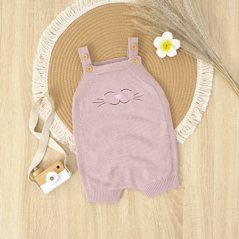 Smiley Cat Baby Girl Knitted Sleeveless Overallset - Pink