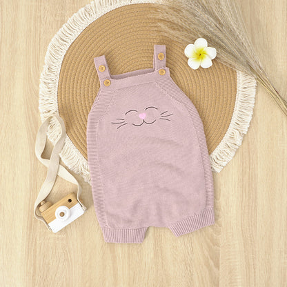 Smiley Cat Baby Girl Knitted Sleeveless Overallset - Pink