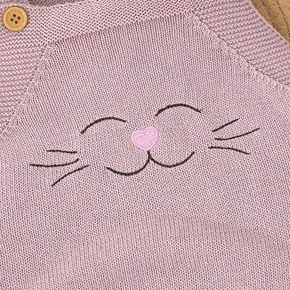 Smiley Cat Baby Girl Knitted Sleeveless Overallset - Pink