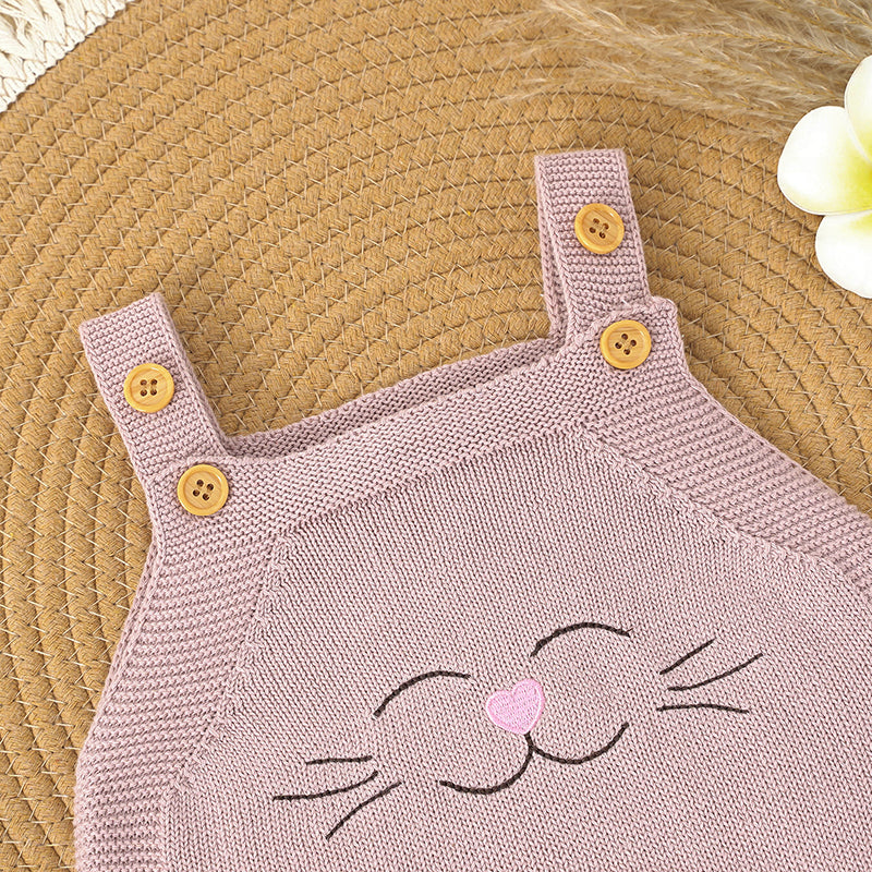 Smiley Cat Baby Girl Knitted Sleeveless Overallset - Pink