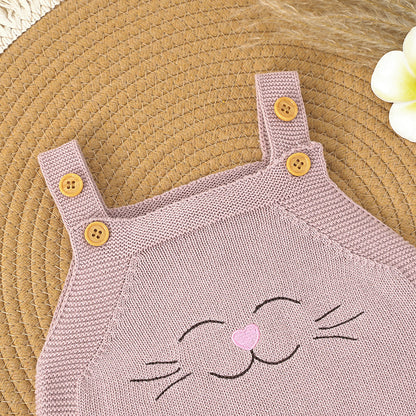 Smiley Cat Baby Girl Knitted Sleeveless Overallset - Pink