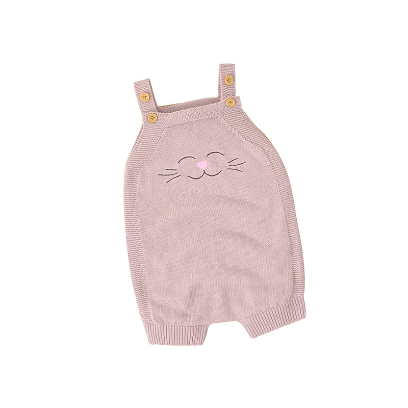 Smiley Cat Baby Girl Knitted Sleeveless Overallset - Pink