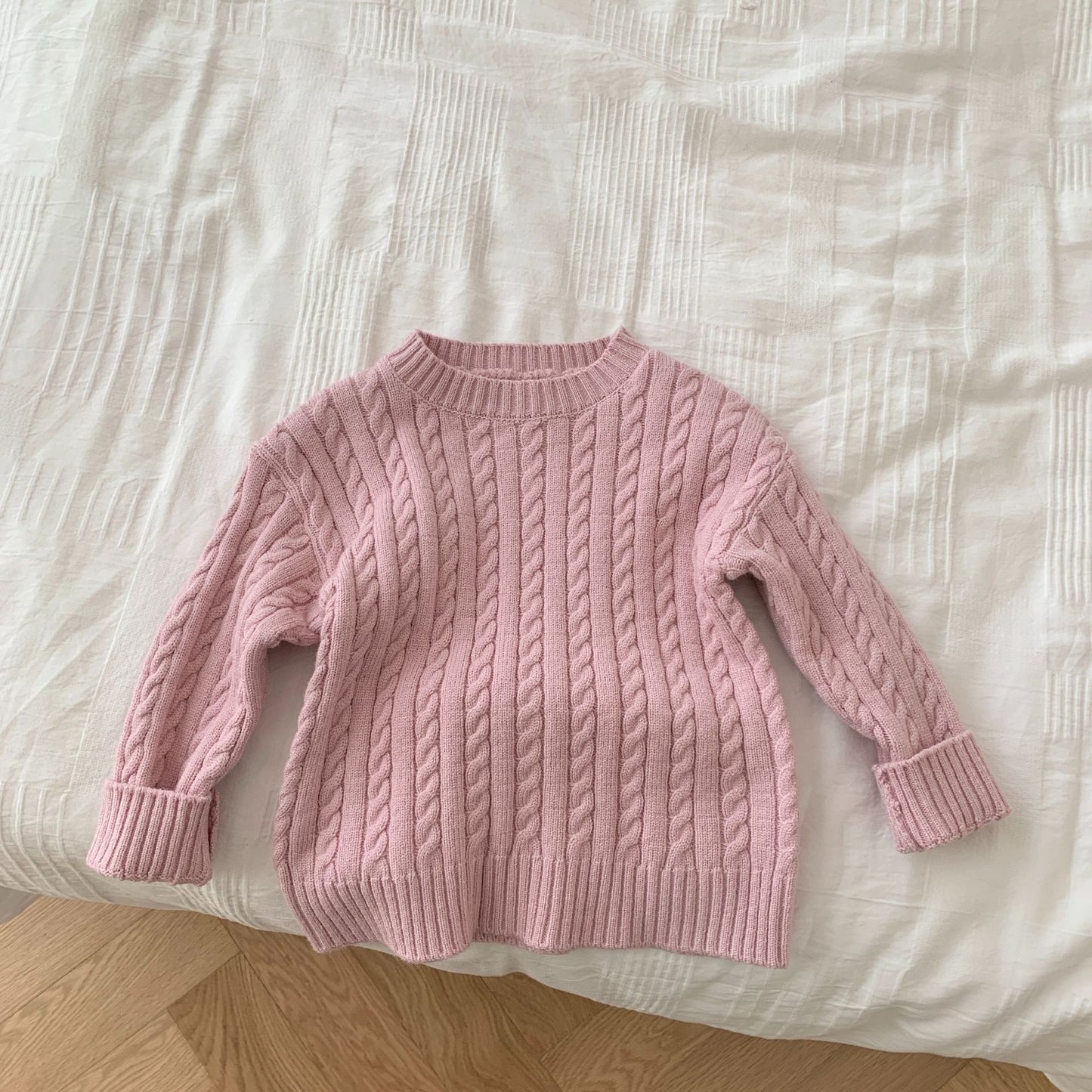 Wool Top with Boat Neck and Cable Knit Print - Pink