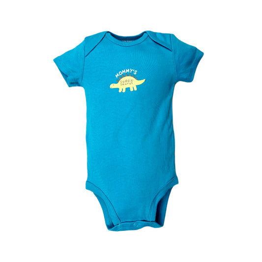 blue baby bodysuit, dinosaur baby bodysuit, Mommy's Cuddle-Saurus onesie, cotton baby bodysuit, short sleeve baby outfit, baby onesie with snap buttons, comfortable baby clothing, dinosaur-themed baby bodysuit, baby gift idea, newborn baby clothes, everyday baby wear, baby boy bodysuit, soft cotton baby onesie, easy diaper change baby bodysuit, playful baby clothing.