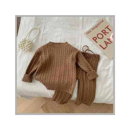 Girl Wool Pants with Drawstring and Cable Knit Print - Coffee