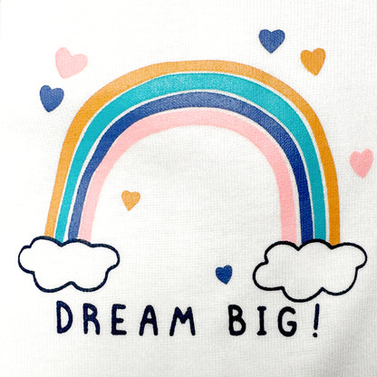 white baby bodysuit, rainbow baby bodysuit, "Dream Big" baby onesie, cotton baby bodysuit, short sleeve baby outfit, baby onesie with snap buttons, comfortable baby clothing, motivational baby bodysuit, baby gift idea, newborn baby clothes, everyday baby wear.