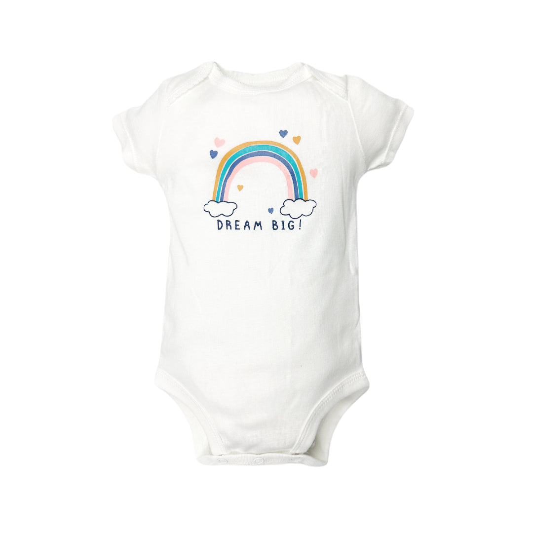 white baby bodysuit, rainbow baby bodysuit, "Dream Big" baby onesie, cotton baby bodysuit, short sleeve baby outfit, baby onesie with snap buttons, comfortable baby clothing, motivational baby bodysuit, baby gift idea, newborn baby clothes, everyday baby wear.