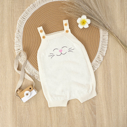 Baby Knitted Sleeveless Overallset - White with Cute Smiley Cat