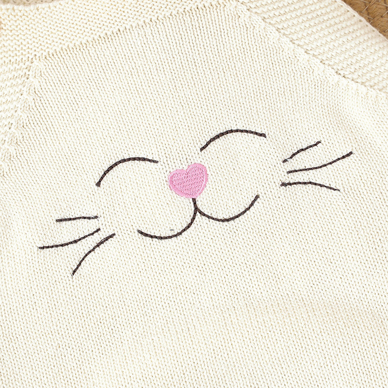 Baby Knitted Sleeveless Overallset - White with Cute Smiley Cat