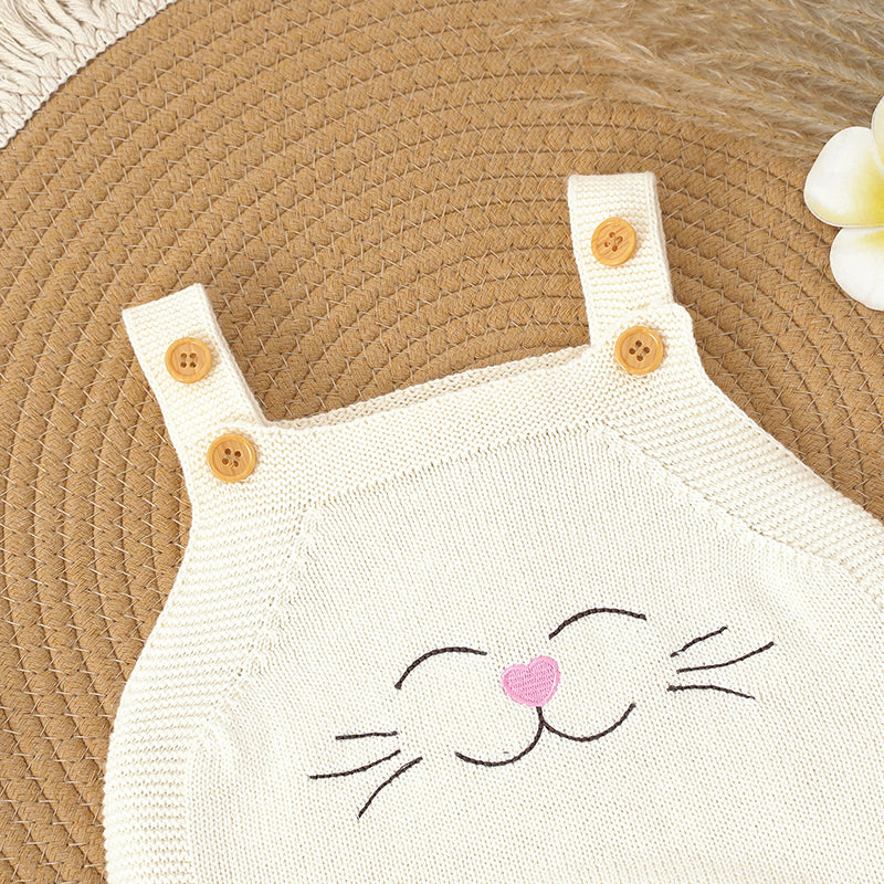 Baby Knitted Sleeveless Overallset - White with Cute Smiley Cat