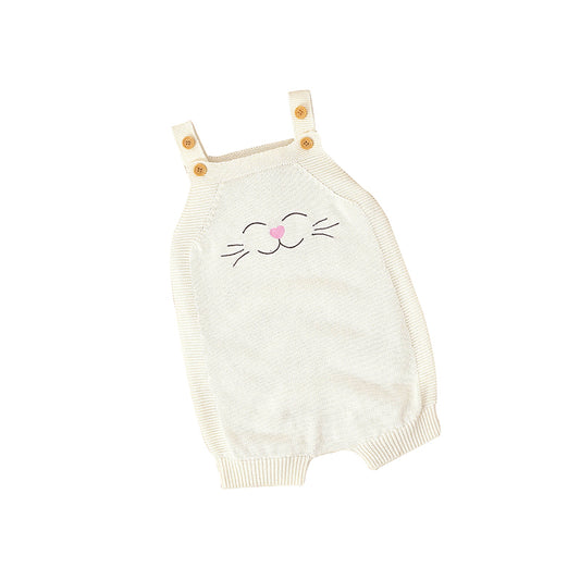 Baby Knitted Sleeveless Overallset - White with Cute Smiley Cat