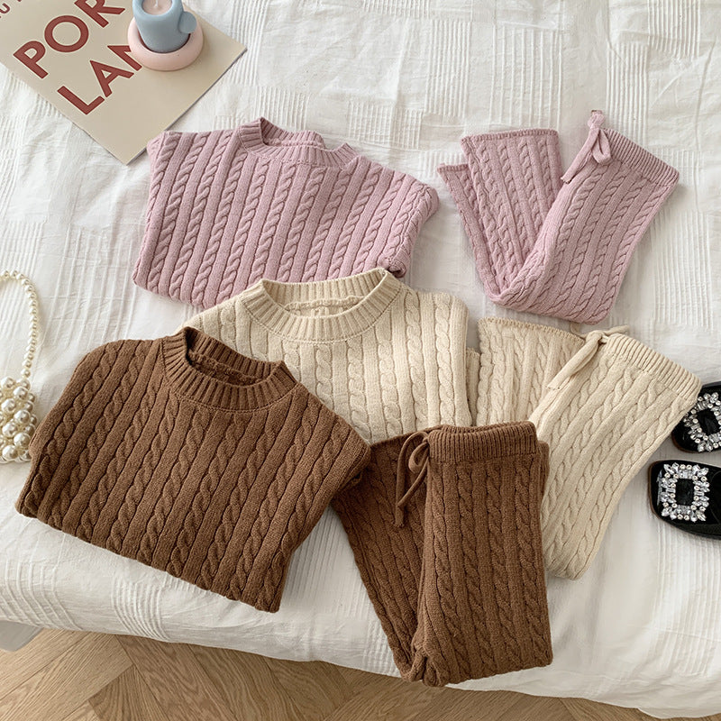 Wool Top with Boat Neck and Cable Knit Print - Pink