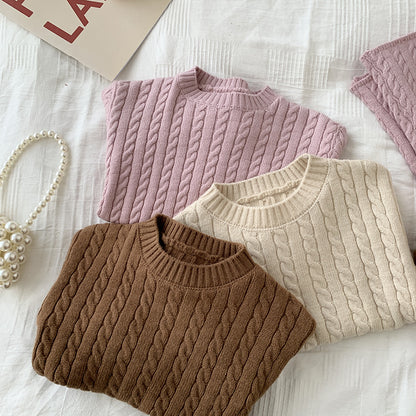 Wool Top with Boat Neck and Cable Knit Print - Pink